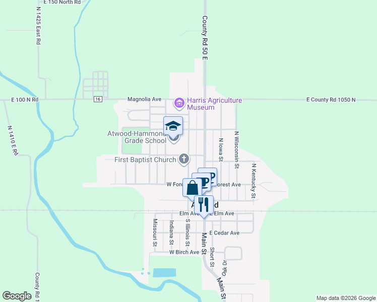 map of restaurants, bars, coffee shops, grocery stores, and more near 316 North Illinois Street in Atwood