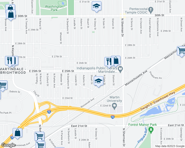 map of restaurants, bars, coffee shops, grocery stores, and more near 2441 Stuart Street in Indianapolis