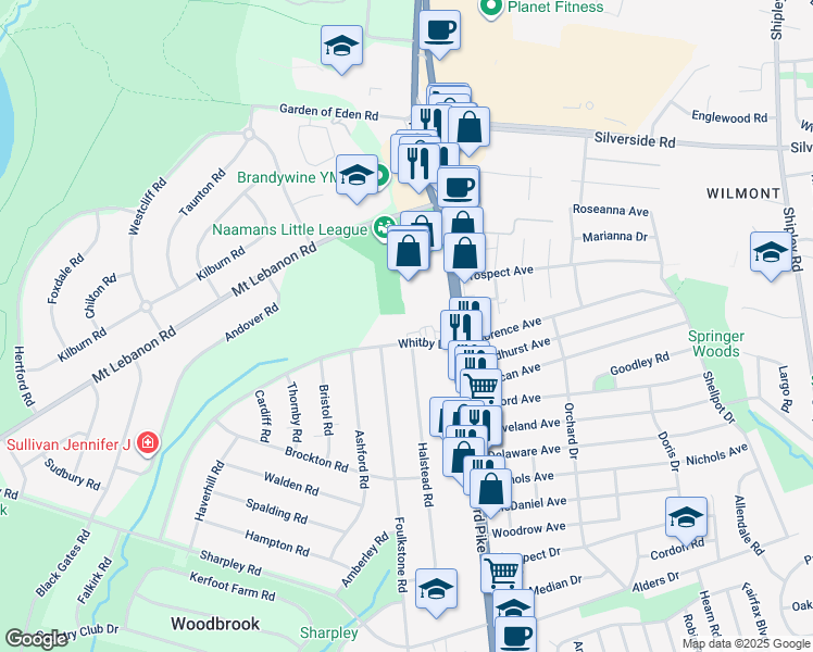 map of restaurants, bars, coffee shops, grocery stores, and more near 101 Whitby Drive in Wilmington