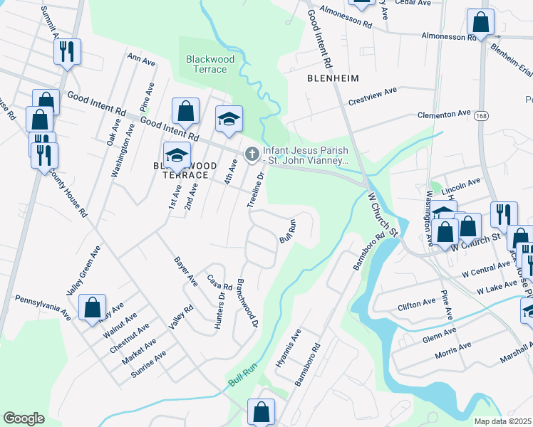 map of restaurants, bars, coffee shops, grocery stores, and more near 140 Azalea Drive in Deptford Township