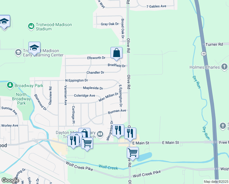 map of restaurants, bars, coffee shops, grocery stores, and more near 812 Mac Millan Drive in Dayton