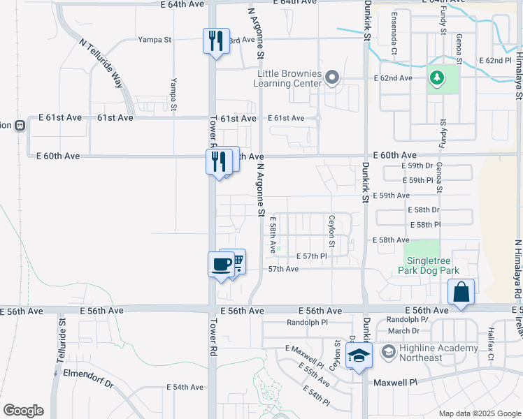 map of restaurants, bars, coffee shops, grocery stores, and more near 5901 Argonne Street in Denver