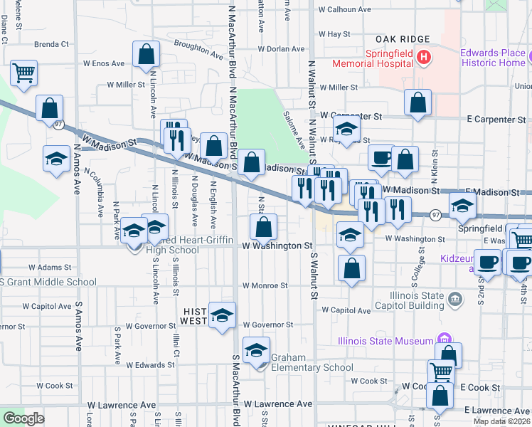 map of restaurants, bars, coffee shops, grocery stores, and more near 101-199 N State St in Springfield