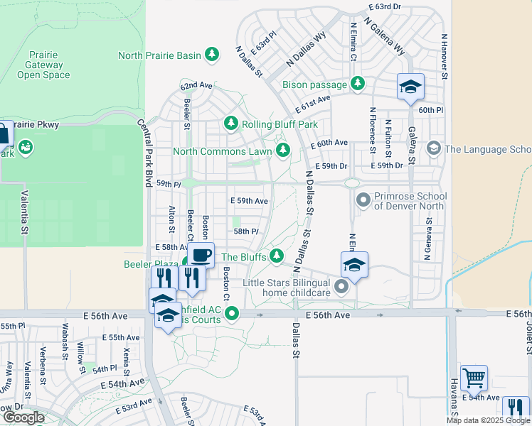 map of restaurants, bars, coffee shops, grocery stores, and more near 5875 Chester Way in Denver