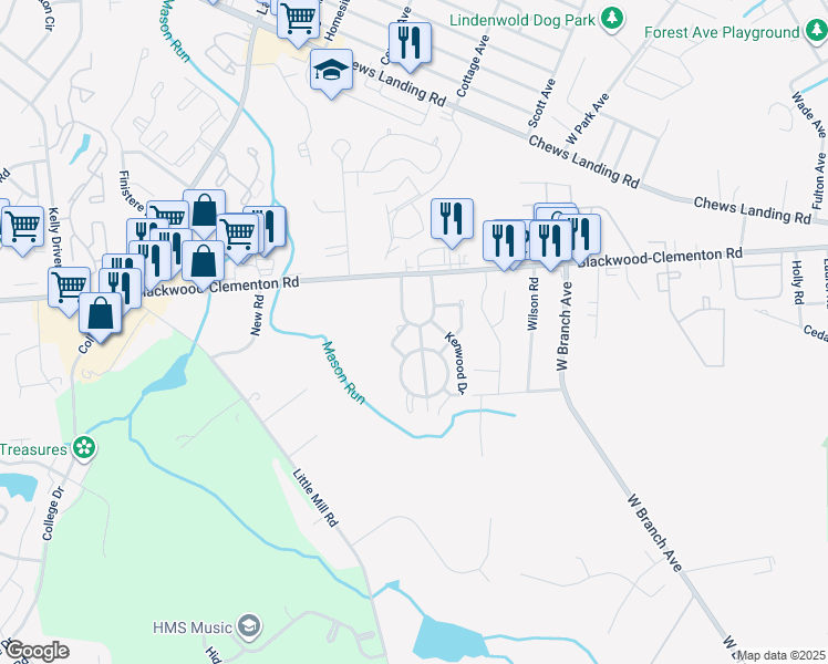 map of restaurants, bars, coffee shops, grocery stores, and more near 1601 Mason Run in Pine Hill