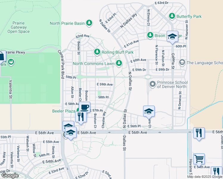 map of restaurants, bars, coffee shops, grocery stores, and more near 5875 Chester Way in Denver