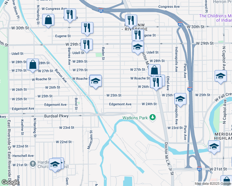 map of restaurants, bars, coffee shops, grocery stores, and more near 929 West 25th Street in Indianapolis