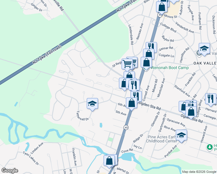 map of restaurants, bars, coffee shops, grocery stores, and more near 264 Barclay Court in Mantua Township