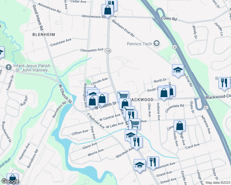 map of restaurants, bars, coffee shops, grocery stores, and more near 42 N Black Horse Pike in Gloucester Township