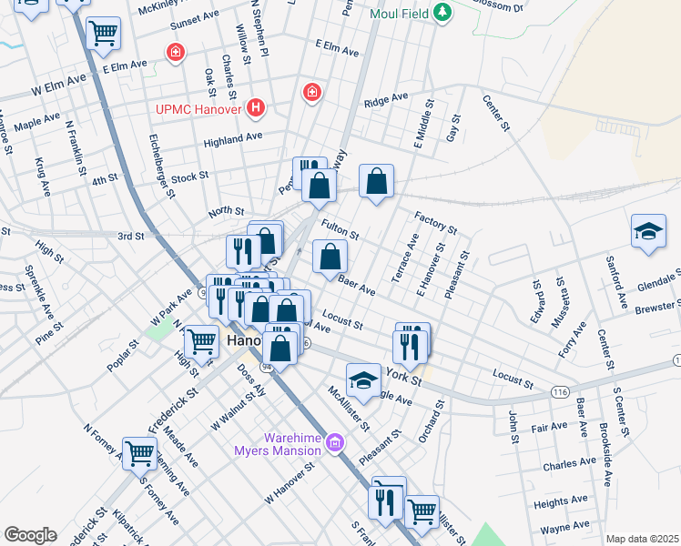 map of restaurants, bars, coffee shops, grocery stores, and more near 303 East Walnut Street in Hanover