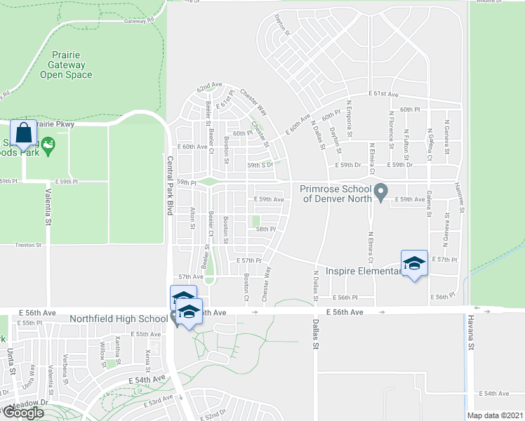 map of restaurants, bars, coffee shops, grocery stores, and more near 9417 58th Place in Denver