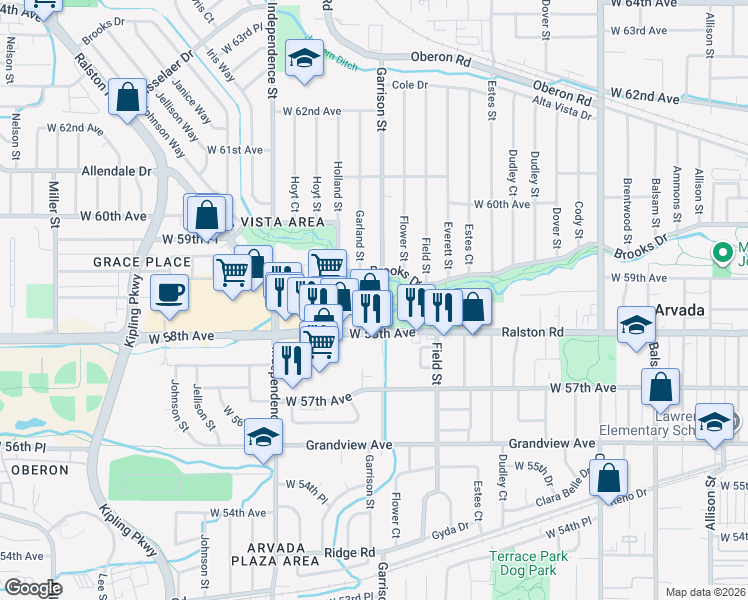 map of restaurants, bars, coffee shops, grocery stores, and more near in Arvada