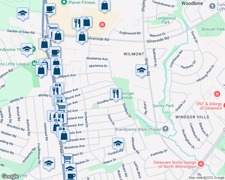 map of restaurants, bars, coffee shops, grocery stores, and more near 415 Goodley Road in Wilmington