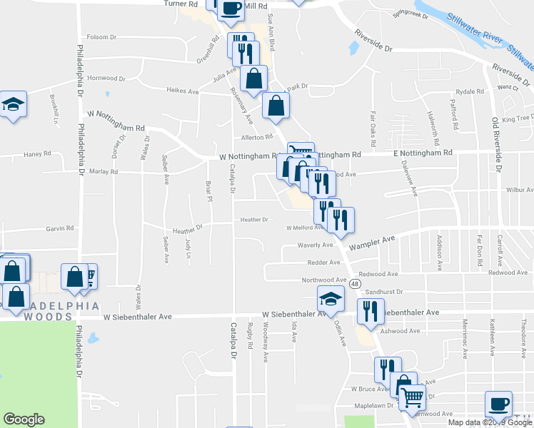 map of restaurants, bars, coffee shops, grocery stores, and more near 508 Heather Drive in Dayton