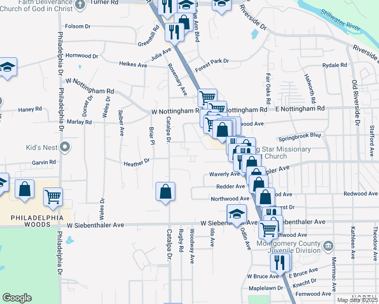 map of restaurants, bars, coffee shops, grocery stores, and more near 508 Heather Drive in Dayton