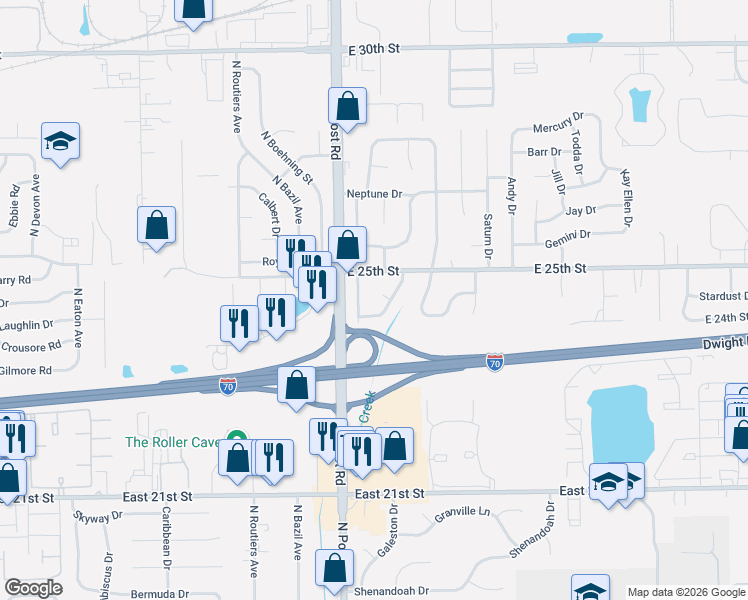 map of restaurants, bars, coffee shops, grocery stores, and more near 2401 Morning Star Drive in Indianapolis