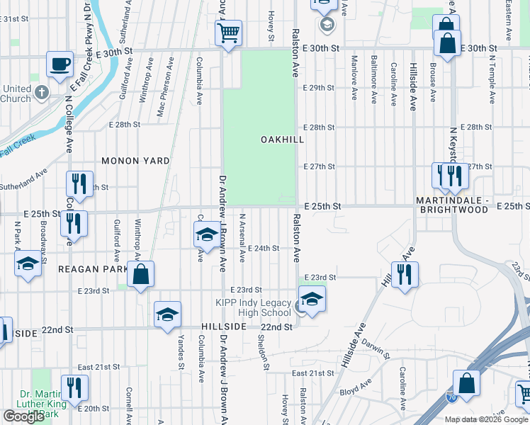 map of restaurants, bars, coffee shops, grocery stores, and more near 2433 Sheldon Street in Indianapolis