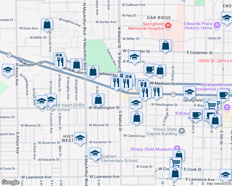 map of restaurants, bars, coffee shops, grocery stores, and more near 133 N Walnut St in Springfield