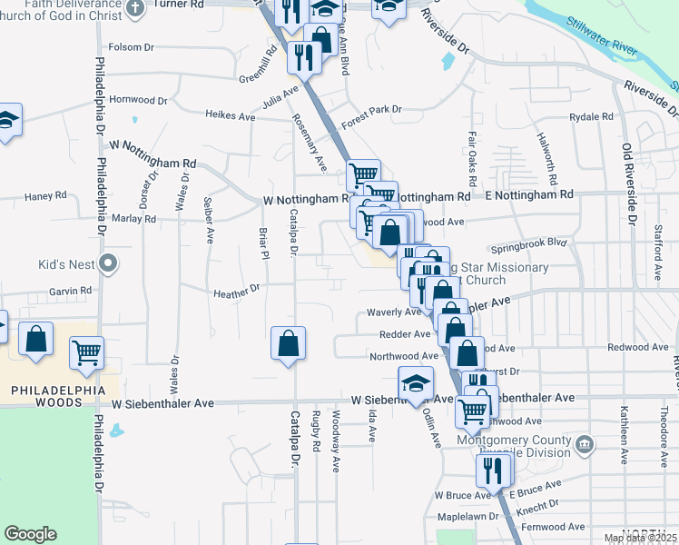 map of restaurants, bars, coffee shops, grocery stores, and more near 519 Heather Drive in Dayton