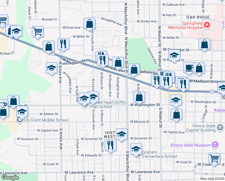 map of restaurants, bars, coffee shops, grocery stores, and more near 156 North Douglas Avenue in Springfield