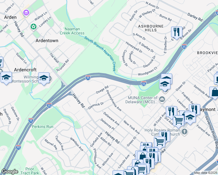 map of restaurants, bars, coffee shops, grocery stores, and more near 34 Benning Road in Claymont