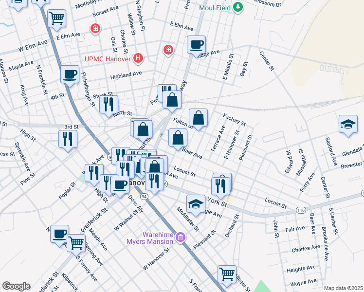 map of restaurants, bars, coffee shops, grocery stores, and more near 303 East Walnut Street in Hanover