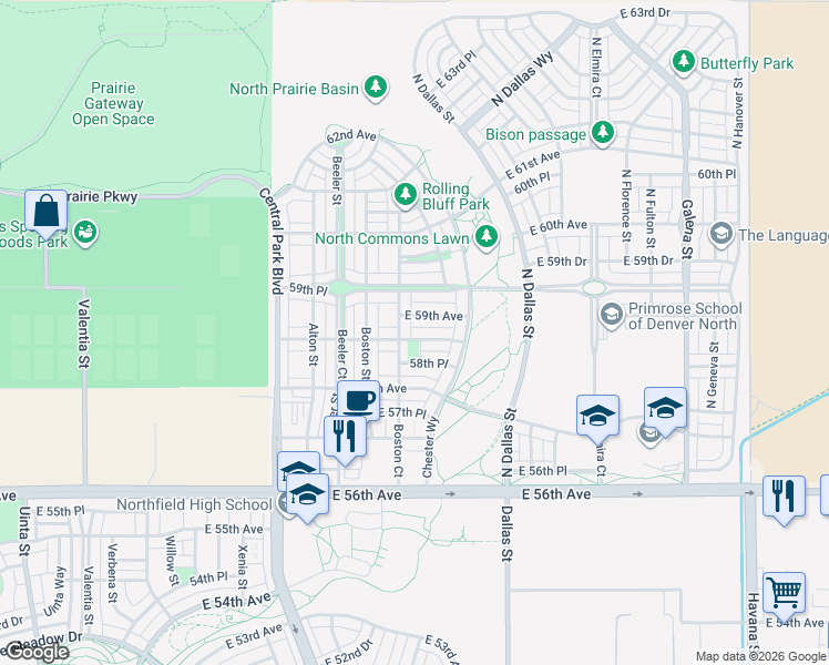 map of restaurants, bars, coffee shops, grocery stores, and more near 9385 E 58th Dr in Denver