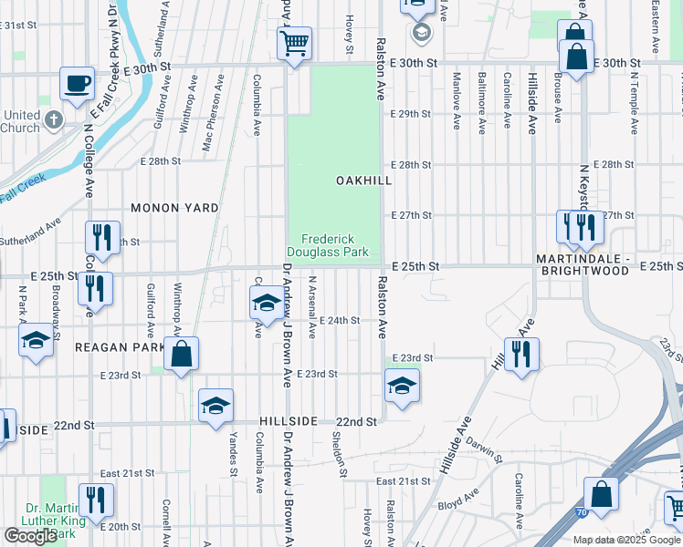 map of restaurants, bars, coffee shops, grocery stores, and more near 2433 Sheldon Street in Indianapolis