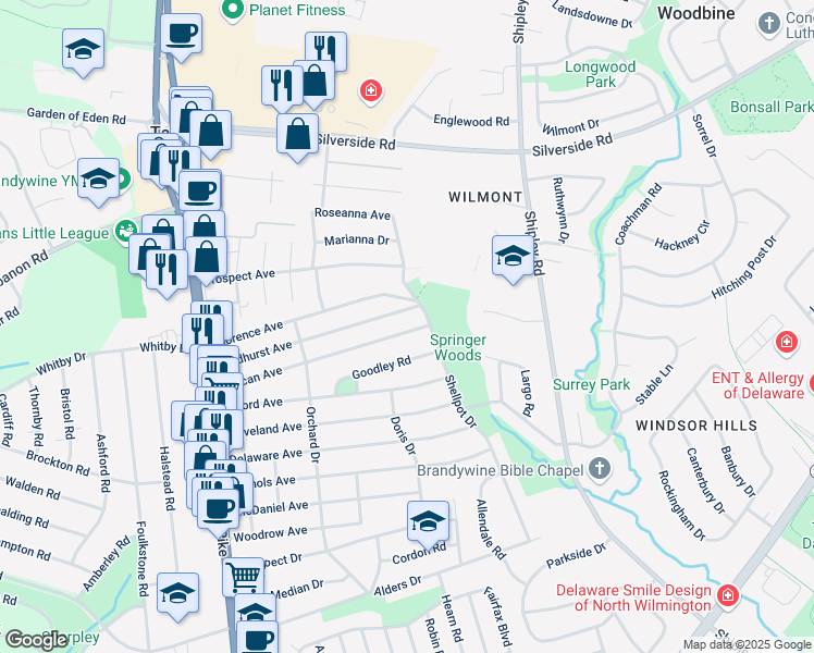 map of restaurants, bars, coffee shops, grocery stores, and more near 415 Goodley Road in Wilmington