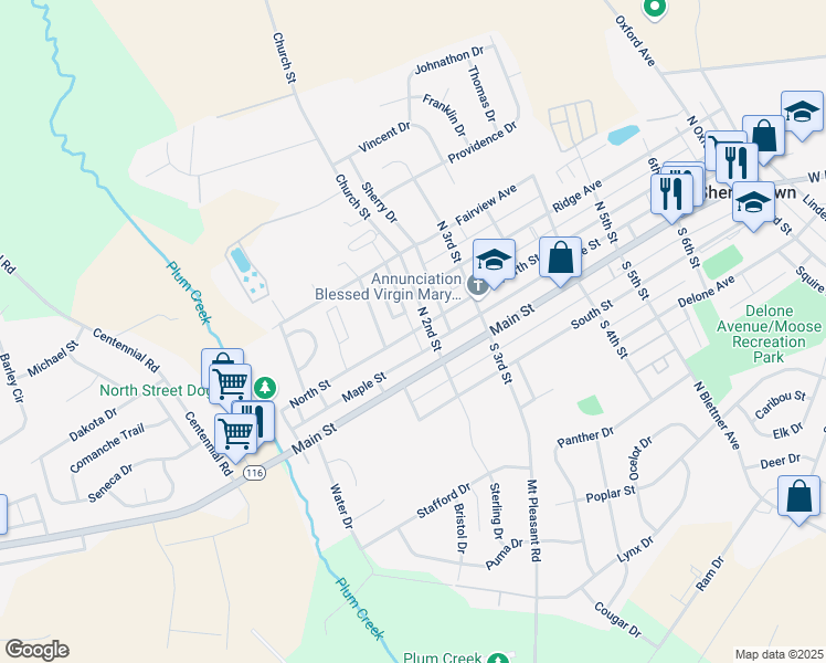 map of restaurants, bars, coffee shops, grocery stores, and more near 189 North Street in McSherrystown