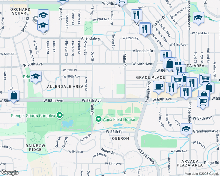 map of restaurants, bars, coffee shops, grocery stores, and more near 5810 Nelson Court in Arvada