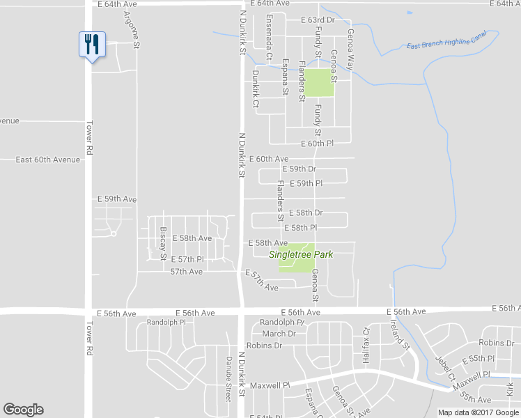 map of restaurants, bars, coffee shops, grocery stores, and more near 19427 East 58th Place in Aurora
