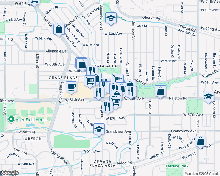 map of restaurants, bars, coffee shops, grocery stores, and more near 9515 Ralston Road in Arvada