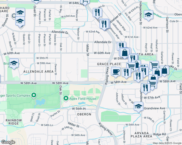 map of restaurants, bars, coffee shops, grocery stores, and more near 9555 West 59th Avenue in Arvada