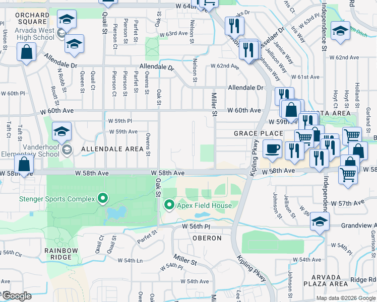 map of restaurants, bars, coffee shops, grocery stores, and more near 5810 Nelson Court in Arvada