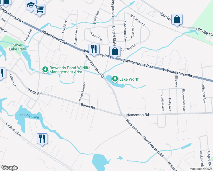 map of restaurants, bars, coffee shops, grocery stores, and more near Oakgreen Lane in Clementon
