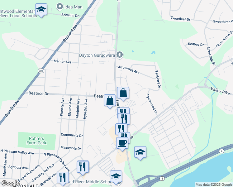 map of restaurants, bars, coffee shops, grocery stores, and more near 2150 Harshman Road in Dayton