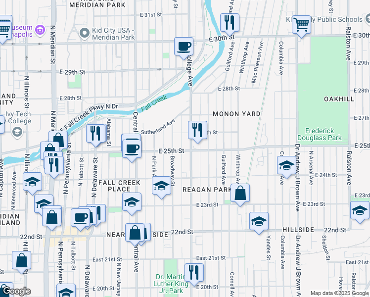 map of restaurants, bars, coffee shops, grocery stores, and more near 2452 North College Avenue in Indianapolis