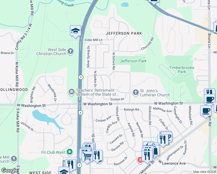map of restaurants, bars, coffee shops, grocery stores, and more near 40 N Oxford Rd in Springfield