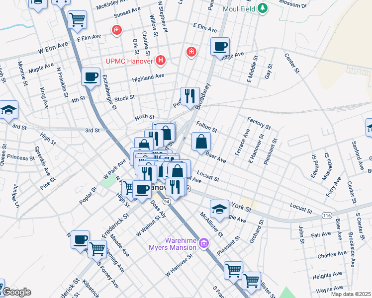 map of restaurants, bars, coffee shops, grocery stores, and more near 227 Broadway in Hanover