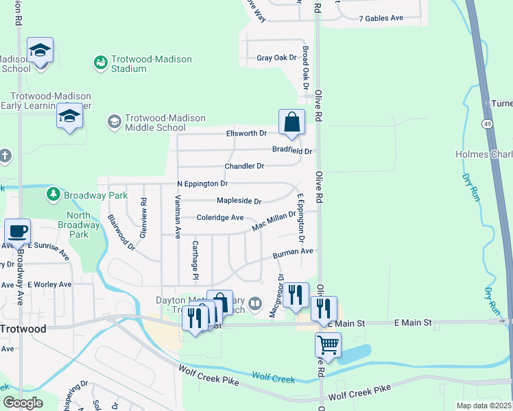 map of restaurants, bars, coffee shops, grocery stores, and more near 728 Mapleside Drive in Dayton