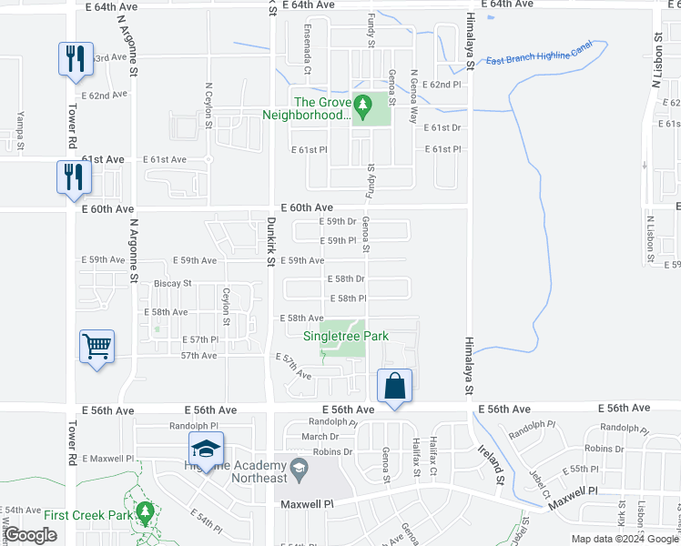 map of restaurants, bars, coffee shops, grocery stores, and more near 19673 East 58th Drive in Aurora