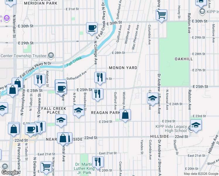 map of restaurants, bars, coffee shops, grocery stores, and more near 2442 Carrollton Avenue in Indianapolis