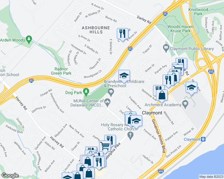 map of restaurants, bars, coffee shops, grocery stores, and more near 3401 Green Street in Claymont