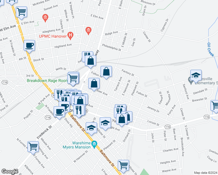map of restaurants, bars, coffee shops, grocery stores, and more near 315 East Middle Street in Hanover