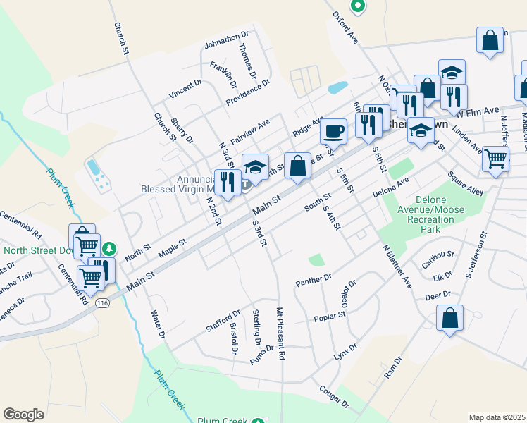 map of restaurants, bars, coffee shops, grocery stores, and more near 310 Main Street in McSherrystown