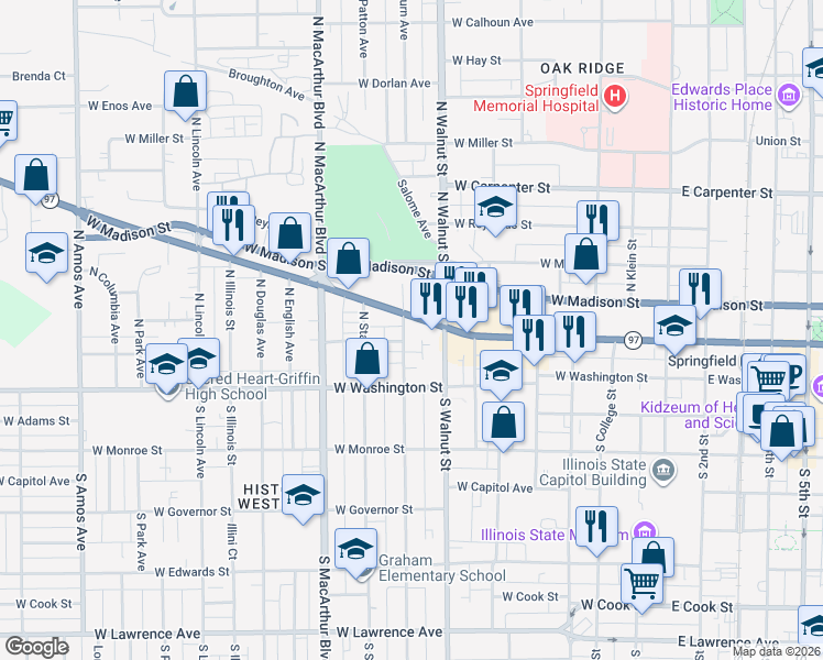 map of restaurants, bars, coffee shops, grocery stores, and more near 253-399 N Walnut St in Springfield