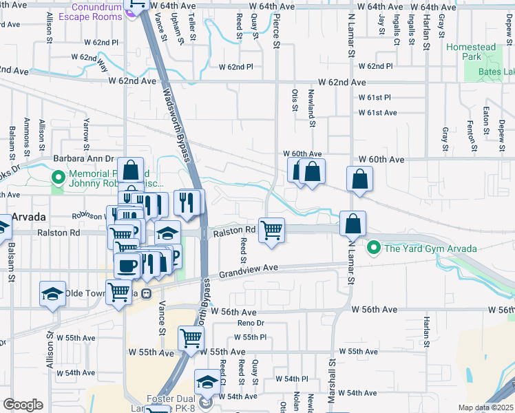map of restaurants, bars, coffee shops, grocery stores, and more near 5837 Pierce Street in Arvada