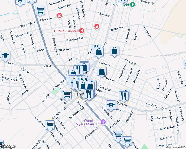 map of restaurants, bars, coffee shops, grocery stores, and more near 227 Broadway in Hanover