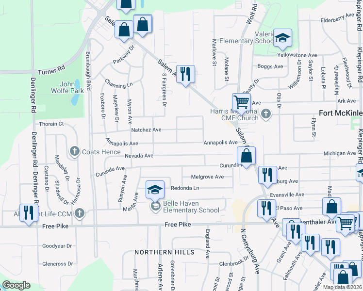 map of restaurants, bars, coffee shops, grocery stores, and more near 4152 Lucian Avenue in Dayton